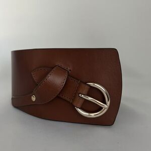 J.Jill Wide Leather Belt Womens M/L Brown Corset Obi Waist Silver Buckle Classic